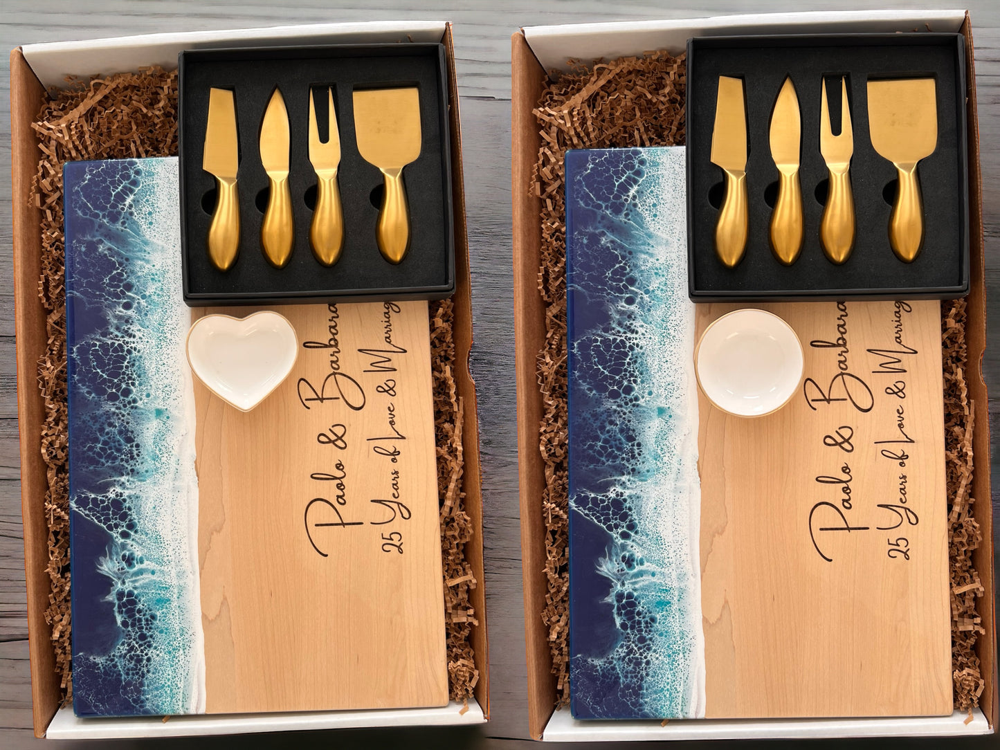 Resin Cutting Board Ocean Epoxy Charcuterie Board Personalized Engagement Gift Box Couple Wedding Gift Box Set GOLD Wood Gift for Parents