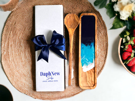 Handcrafted Olive Wood Spoon and Resin Spoon Rest Combo with Custom Engraving