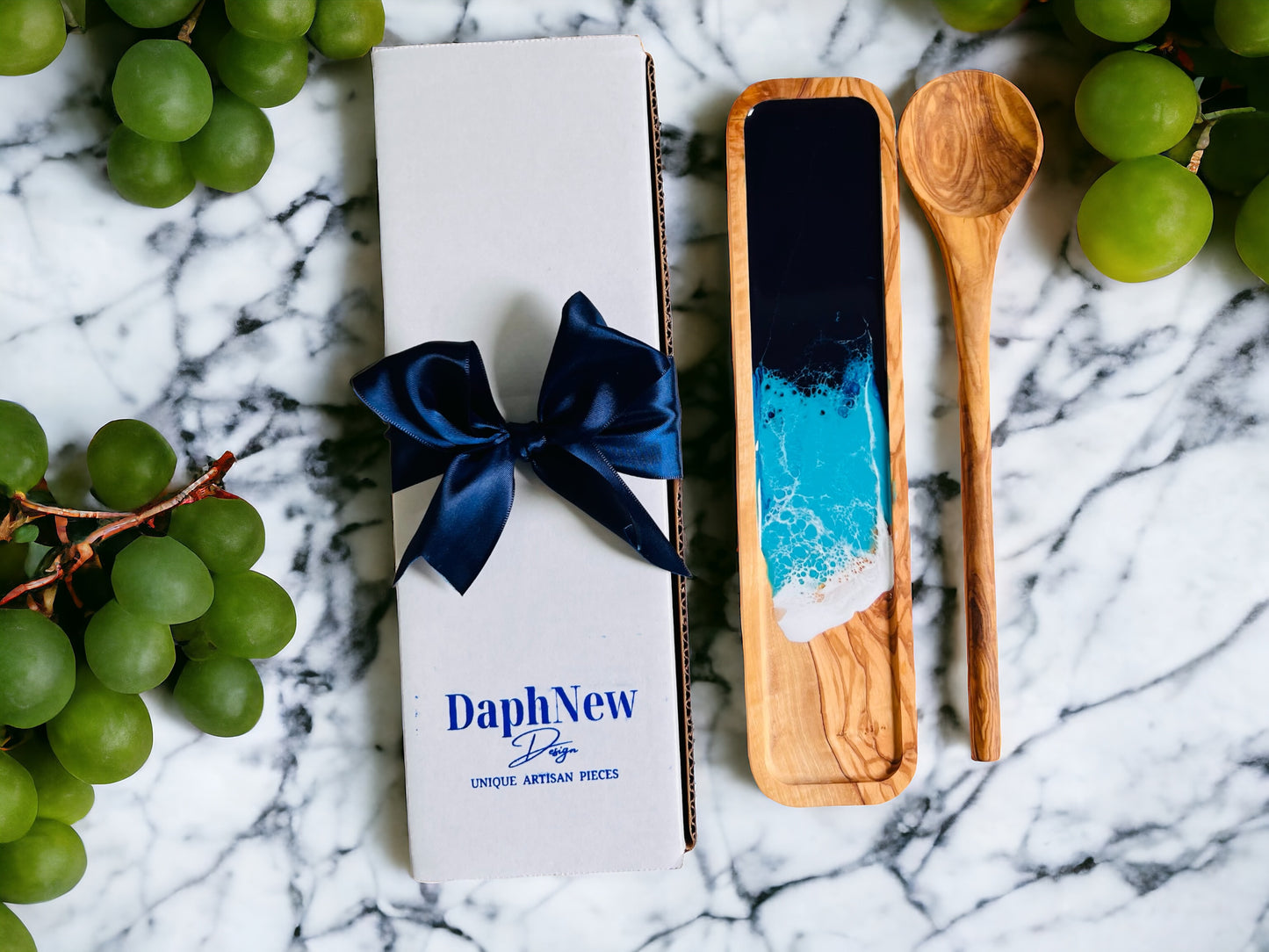Handcrafted Olive Wood Spoon and Resin Spoon Rest Combo with Custom Engraving