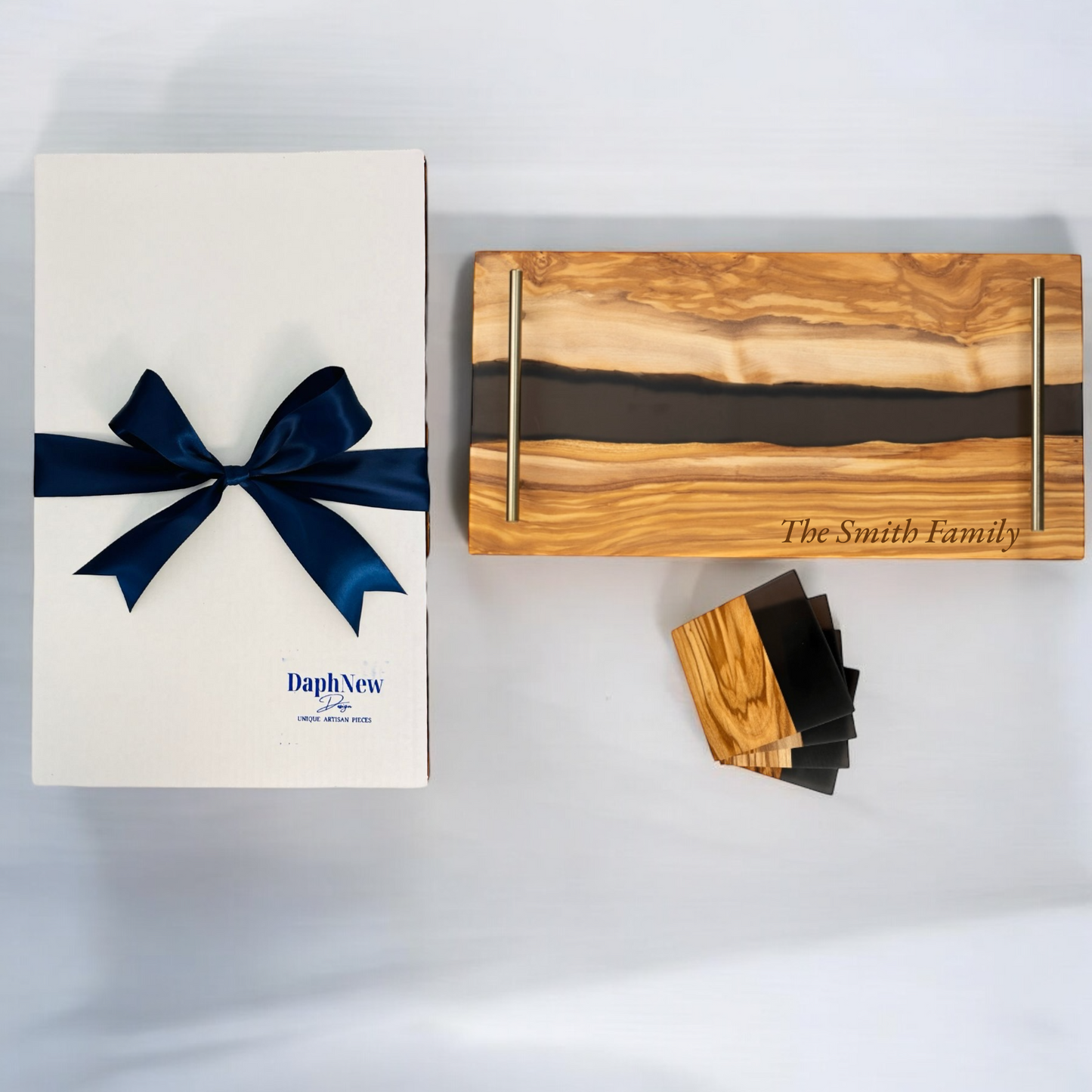River Board Resin Tray from Olive Wood with Matching Black Resin Coaster Set