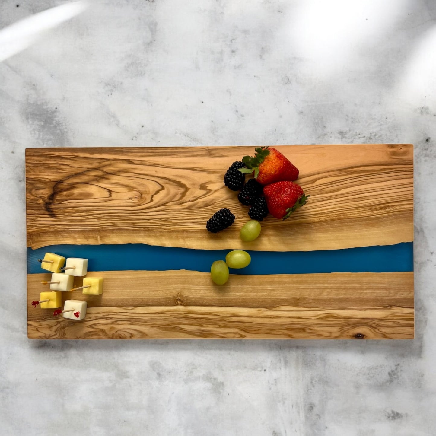 Personalized Resin Charcuterie Board – Olive Wood and Blue Epoxy