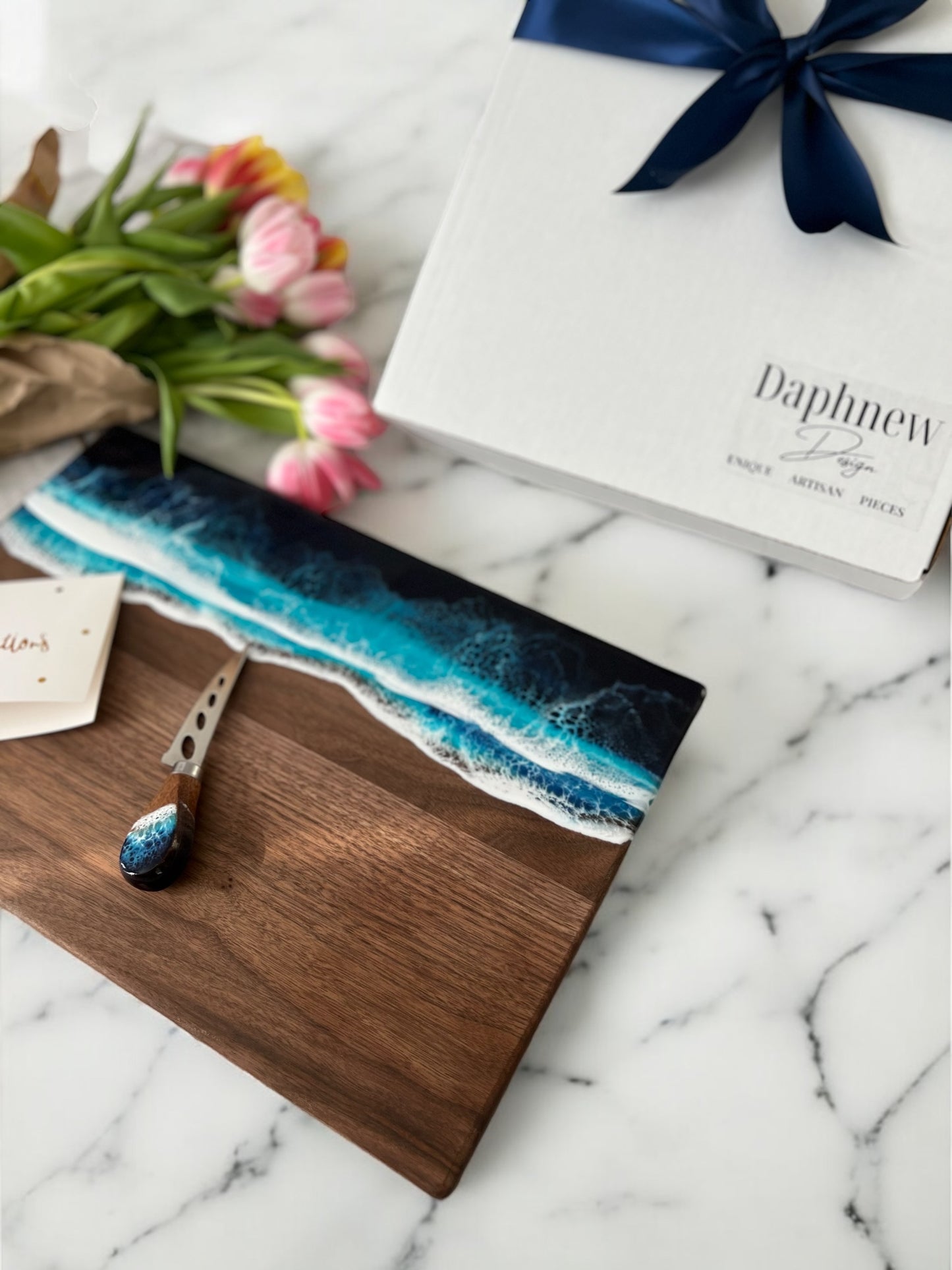 Personalized Walnut Ocean Resin Charcuterie Board with Knife Set for Wedding Gift