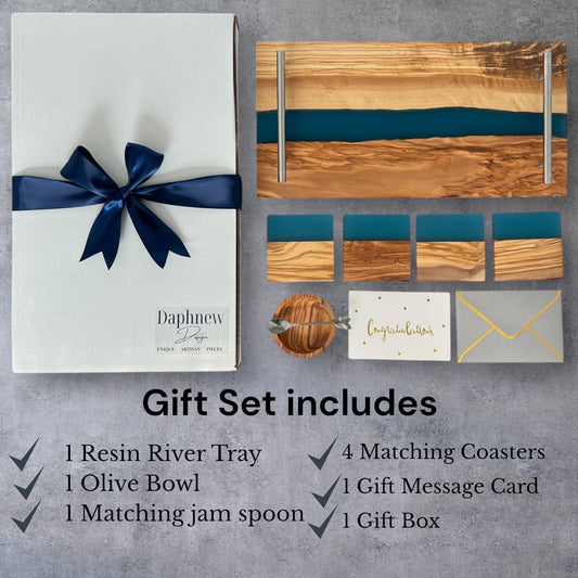 Personalized Newlywed Gift Set, Blue – Olive Wood Resin Charcuterie & Serving Board with Handles