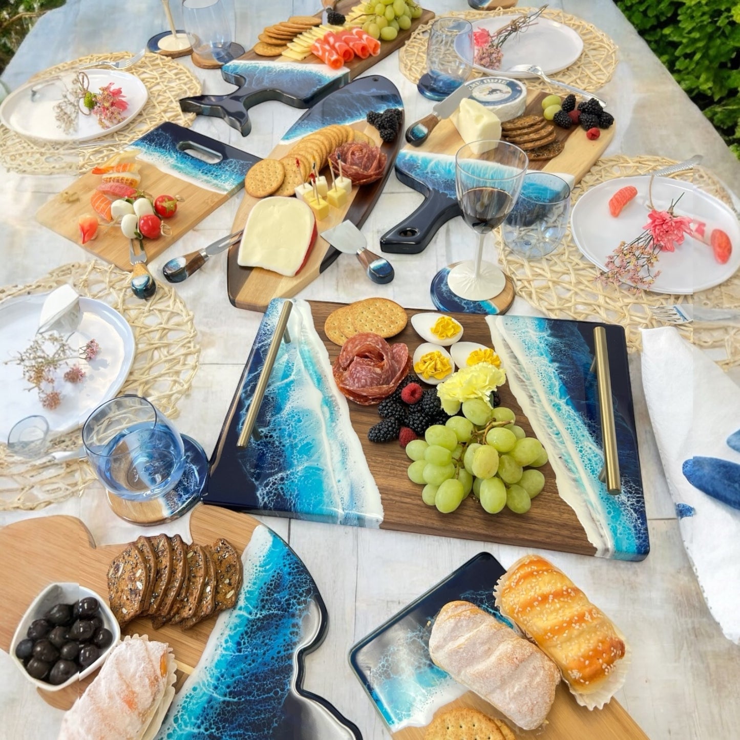 Ocean Resin Serving Tray, Charcuterie Board with Handles Walnut