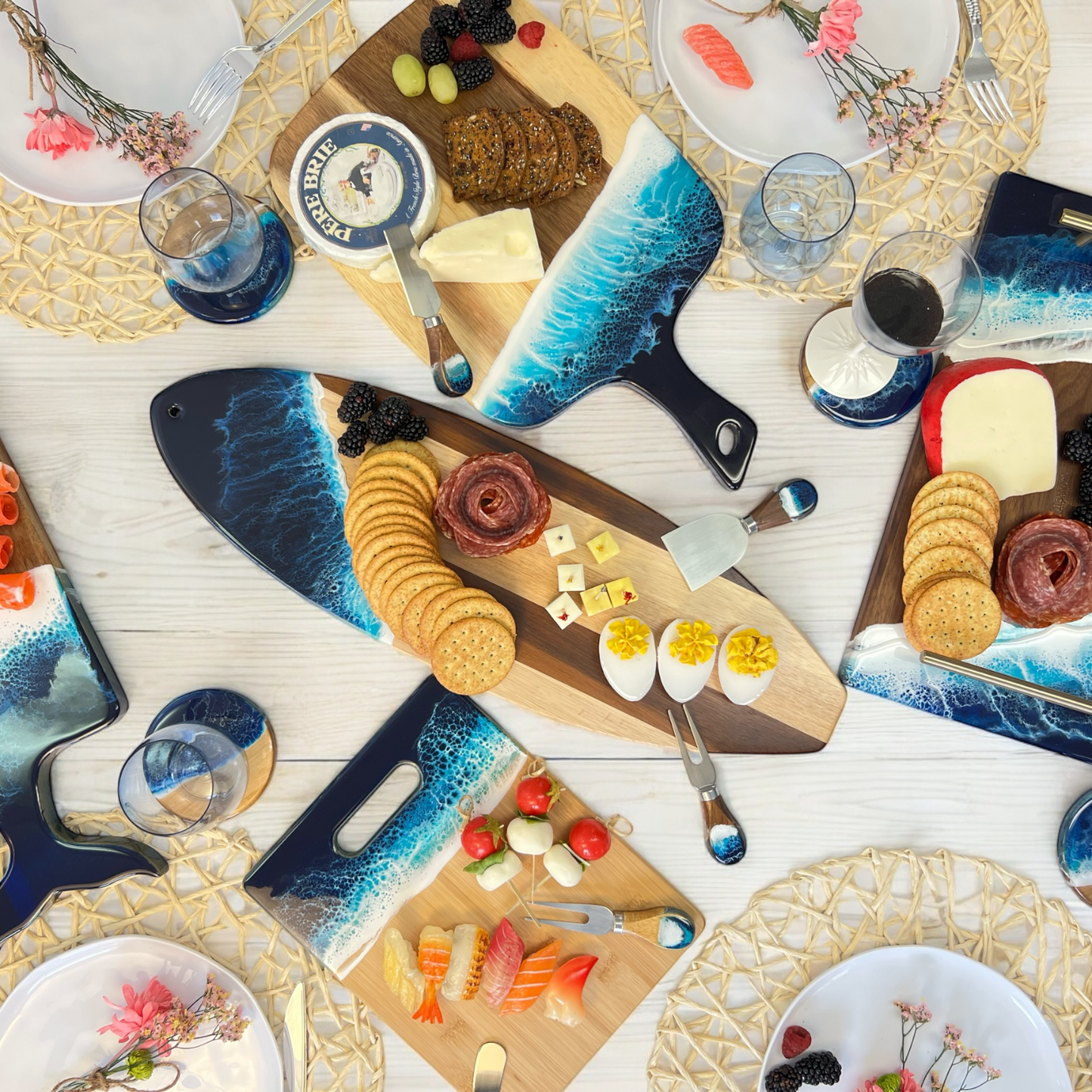 Resin Cheese Board with Ocean Wave Art Gift Box with Cheese Knife Set -Bamboo