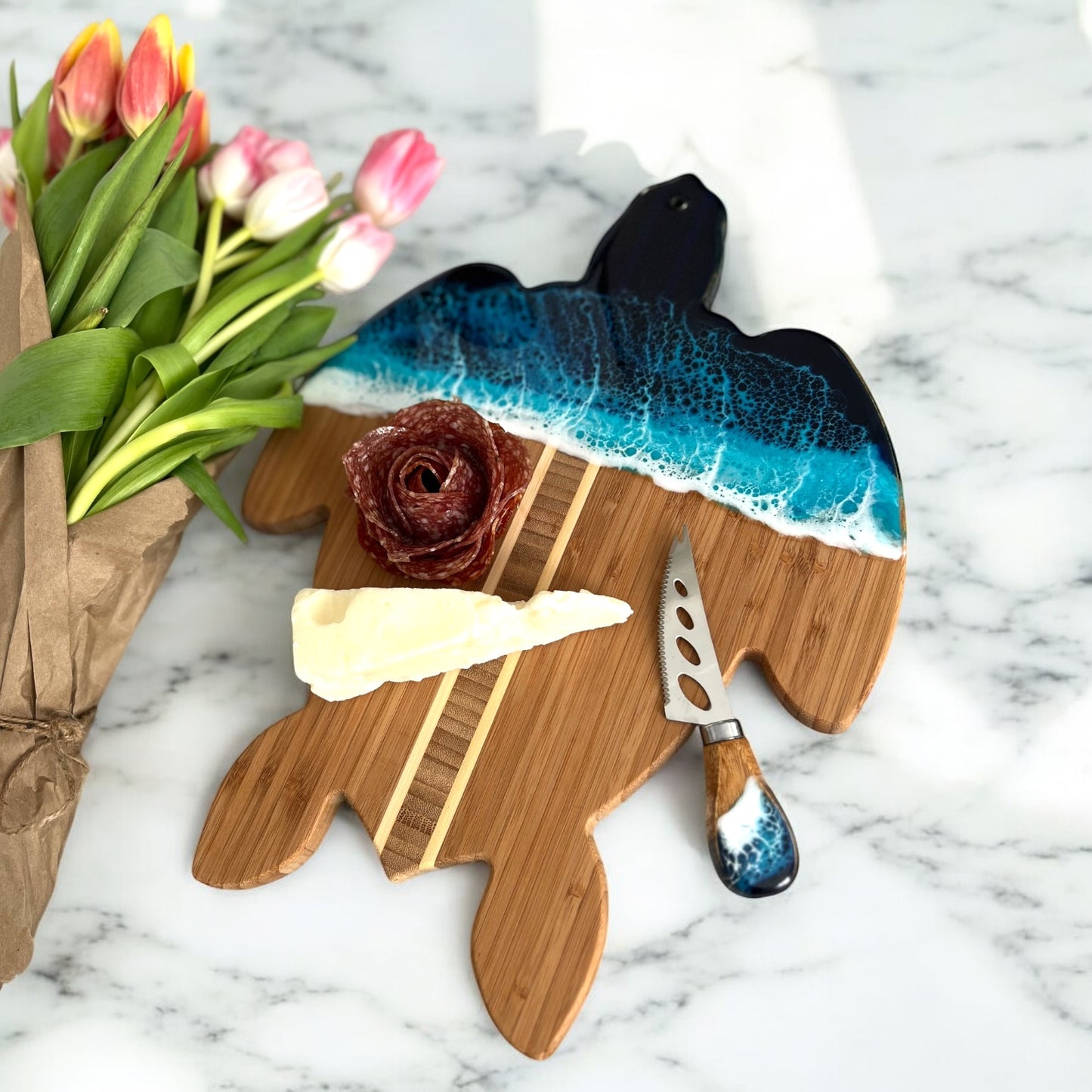 Pronged Bamboo Cheese Knife with Ocean Resin Design