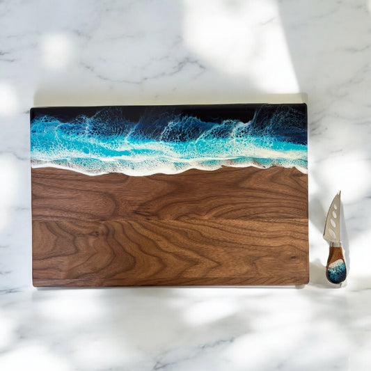 Personalized Walnut Ocean Resin Charcuterie Board with Knife Set for Wedding Gift