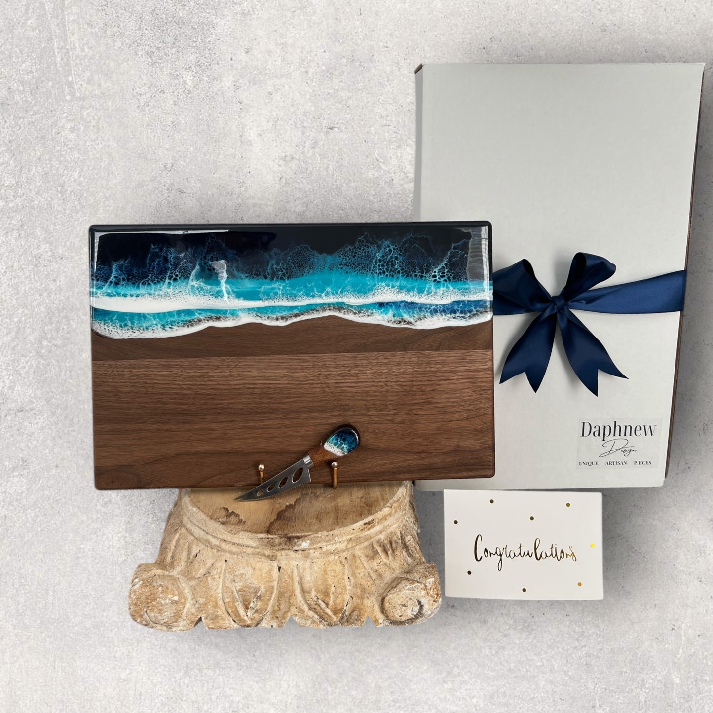 Personalized Walnut Ocean Resin Charcuterie Board with Knife Set for Wedding Gift