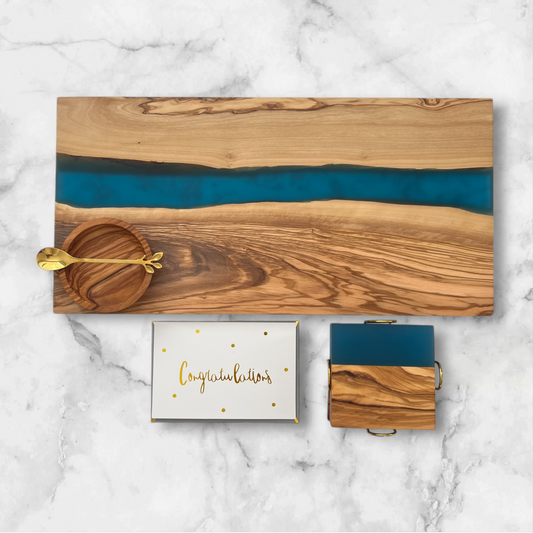 Personalized Newlywed Gift Set, Blue – Olive Wood Resin Charcuterie & Serving Board