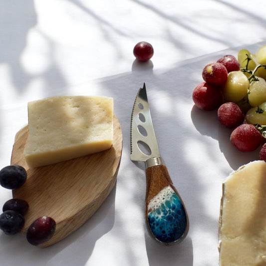 Pronged Walnut Cheese Knife with Ocean Resin Design