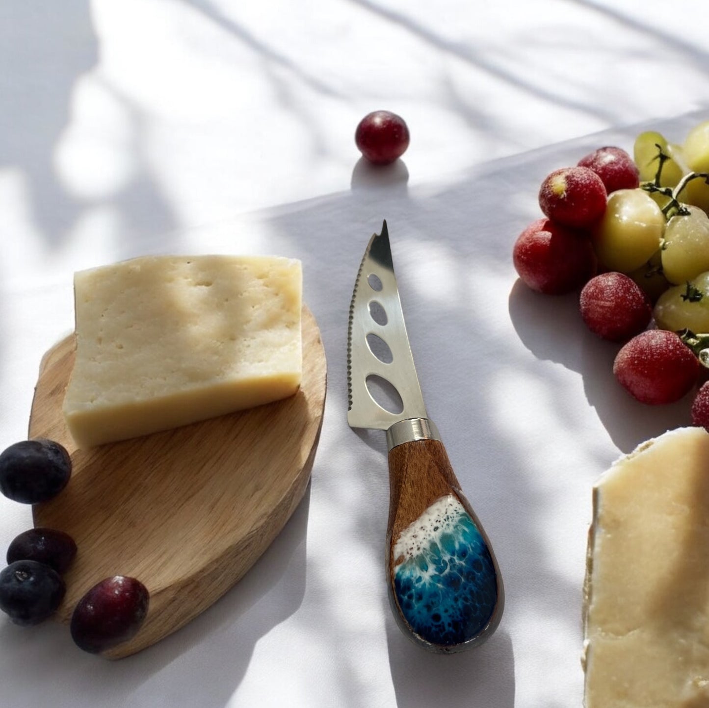 Pronged Walnut Cheese Knife with Ocean Resin Design