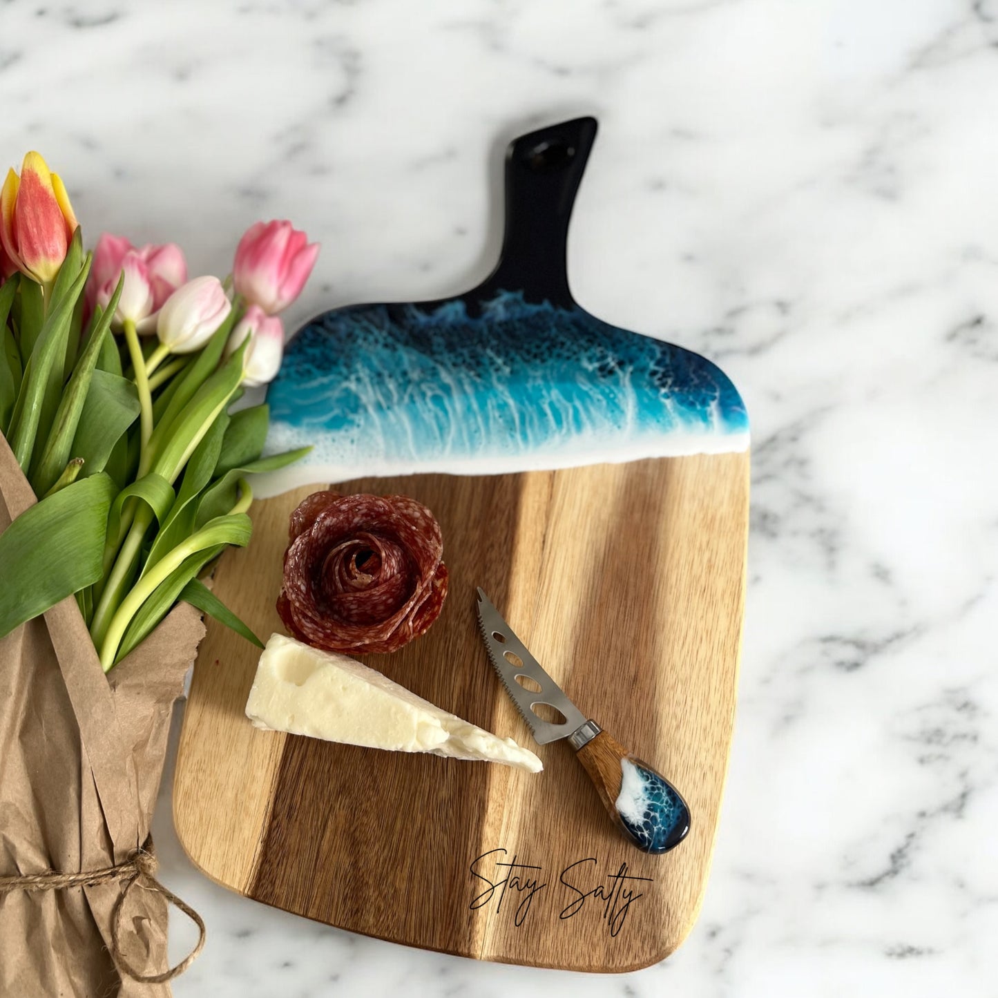 Ocean Resin Acacia Cheese Board Gift Set with Pronged Cheese Knife