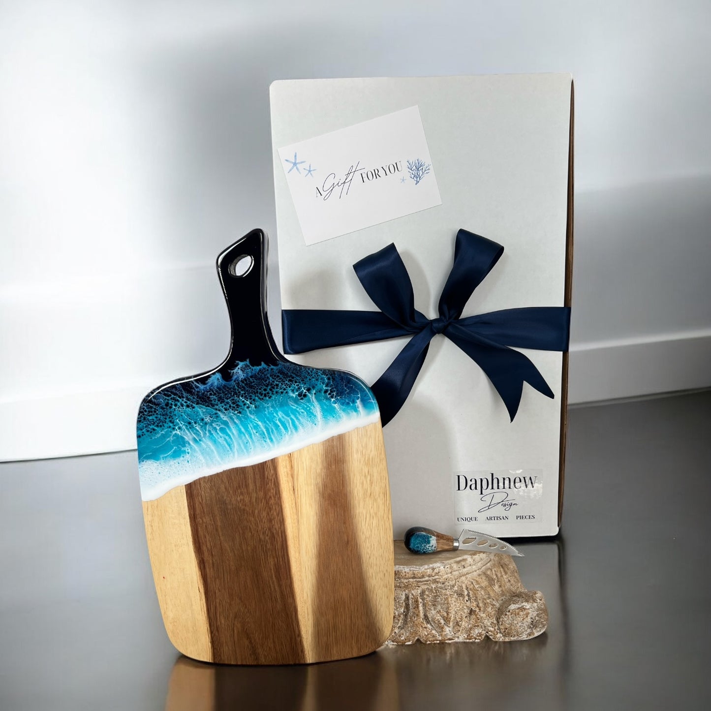 Ocean Resin Acacia Cheese Board Gift Set with Pronged Cheese Knife