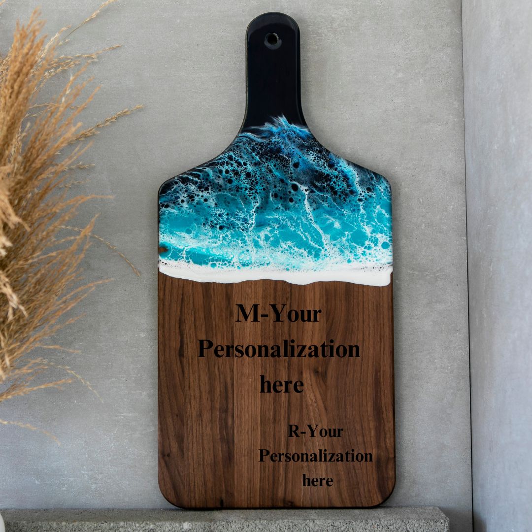 Walnut Wood Cutting Board with Resin Ocean Realistic Blue Wave Art