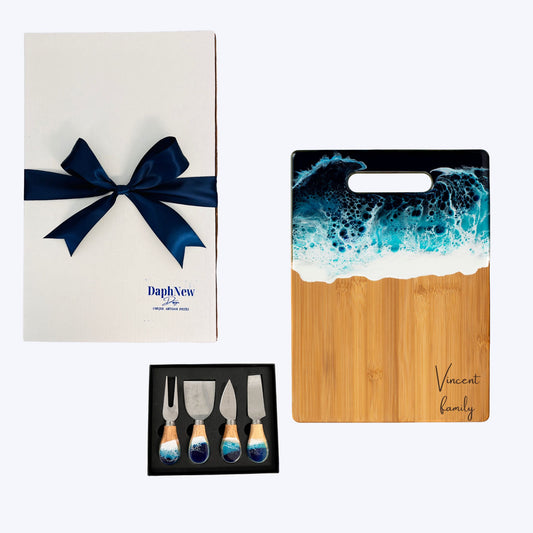 Resin Cheese Board with Ocean Wave Art Gift Box with Cheese Knife Set -Bamboo