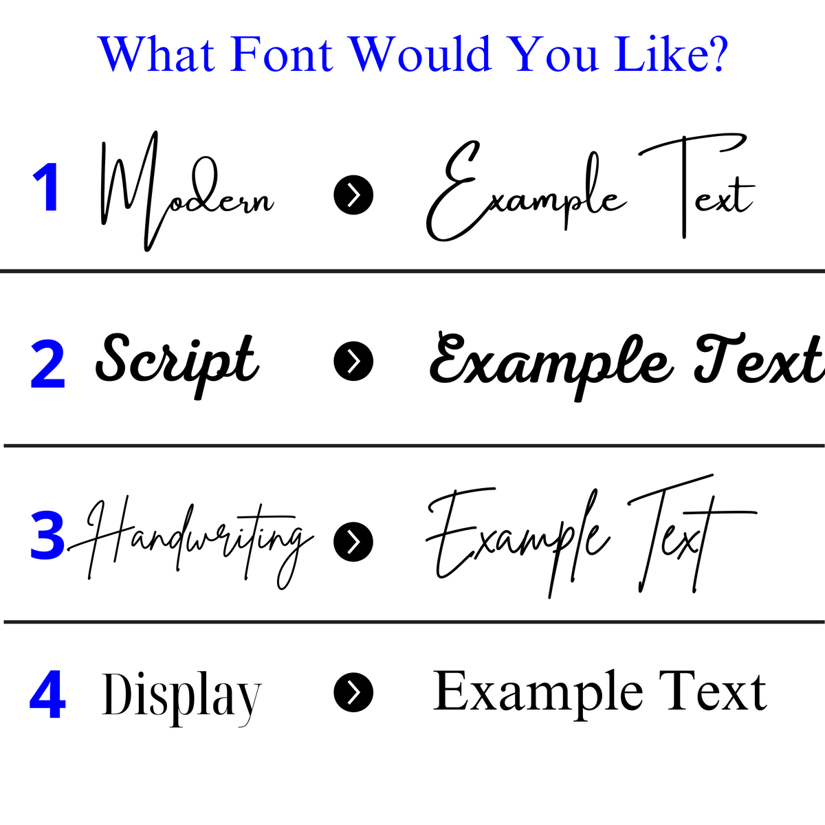 Daphnew Design personalized breakfast tray font options featuring modern, script, handwriting, and display styles.