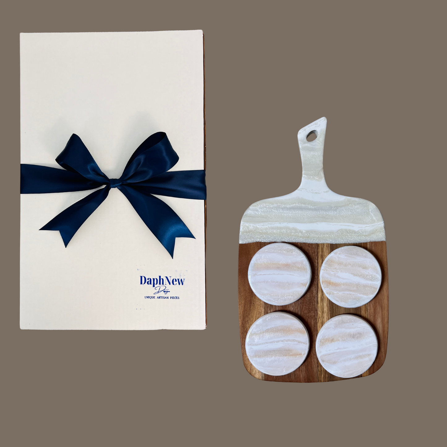 Personalized Charcuterie Board with White Shimmery Resin Gift Set