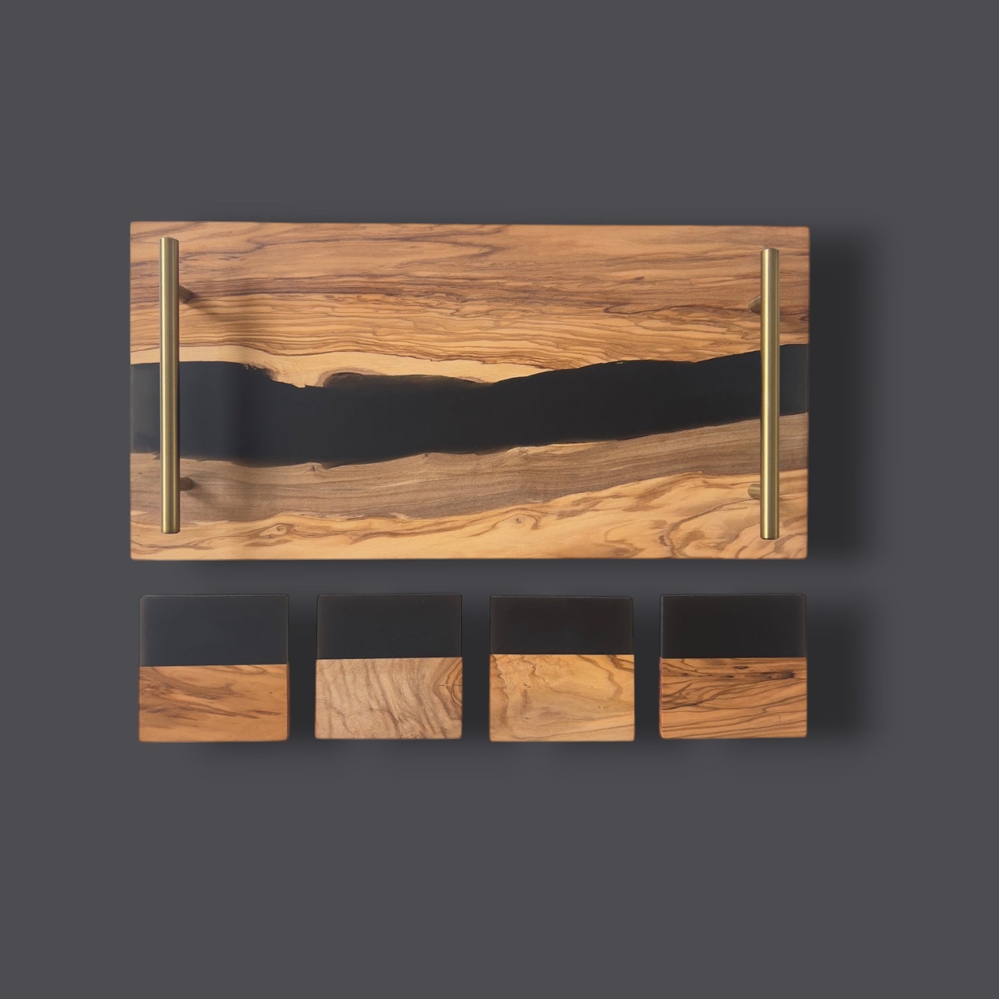 River Board Resin Tray from Olive Wood with Matching Black Resin Coaster Set