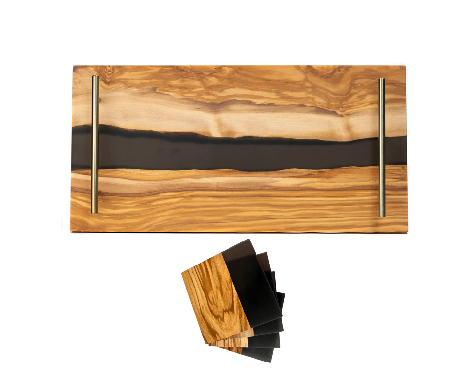 River Board Resin Tray from Olive Wood with Matching Black Resin Coaster Set