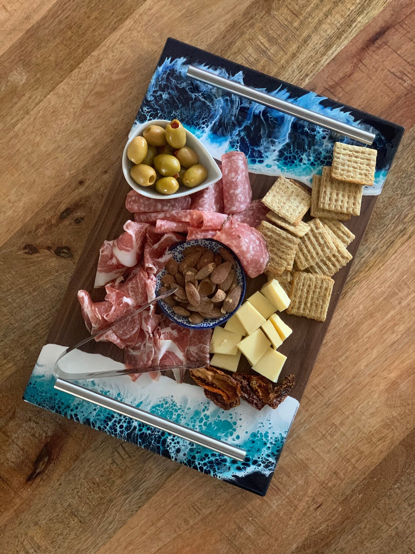 Ocean Resin Serving Tray, Charcuterie Board with Handles Walnut