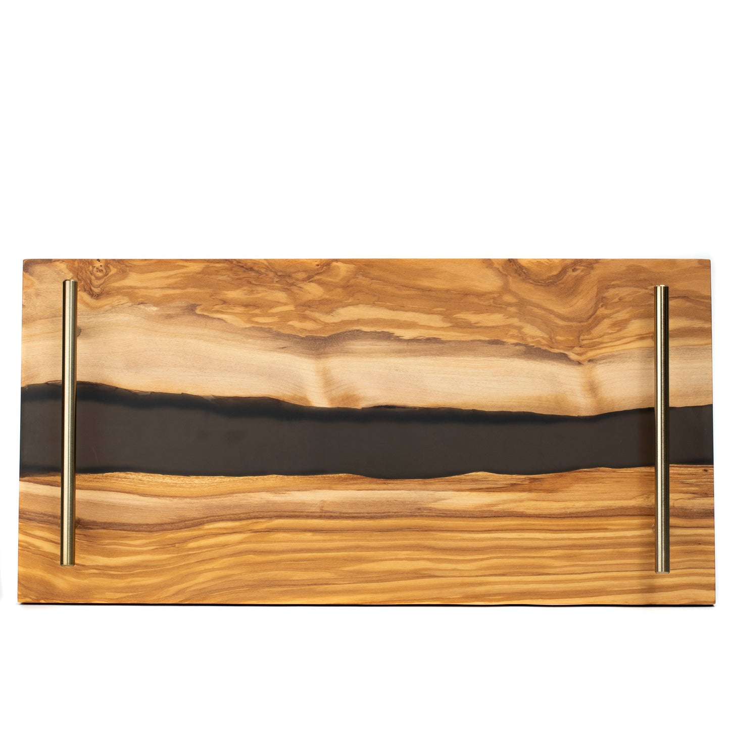 River Board Resin Tray from Olive Wood with Matching Black Resin Coaster Set