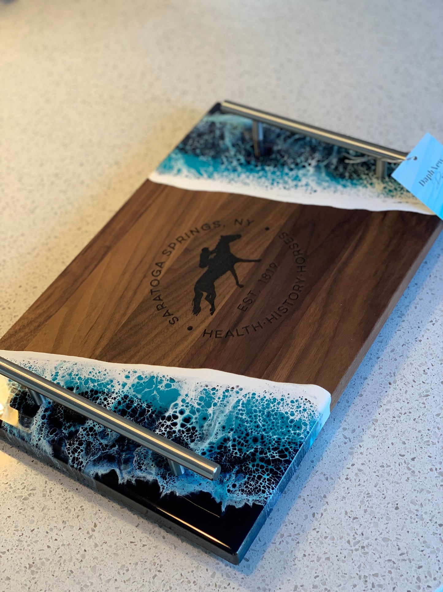 Ocean Resin Serving Tray, Charcuterie Board with Handles Walnut