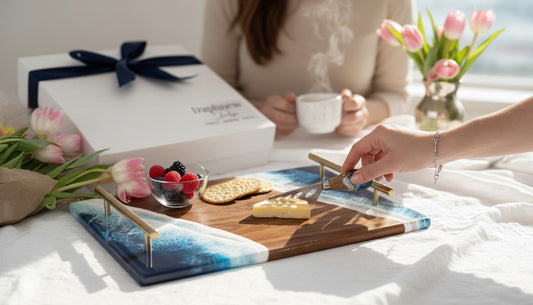 Meaningful gifts personalized ocean resin tray charcuterie board in natural light