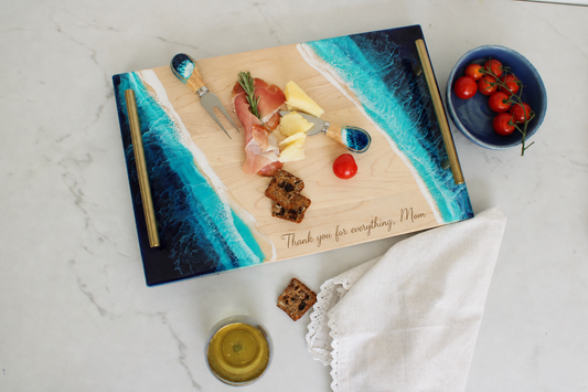 Engraved wooden serving board with personalized message, thoughtful Mothers Day gift idea for mom