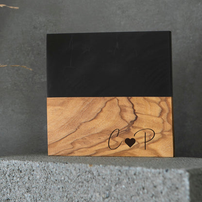 Personalized Resin River Coasters – Olive Wood and Epoxy Coaster Set -Black