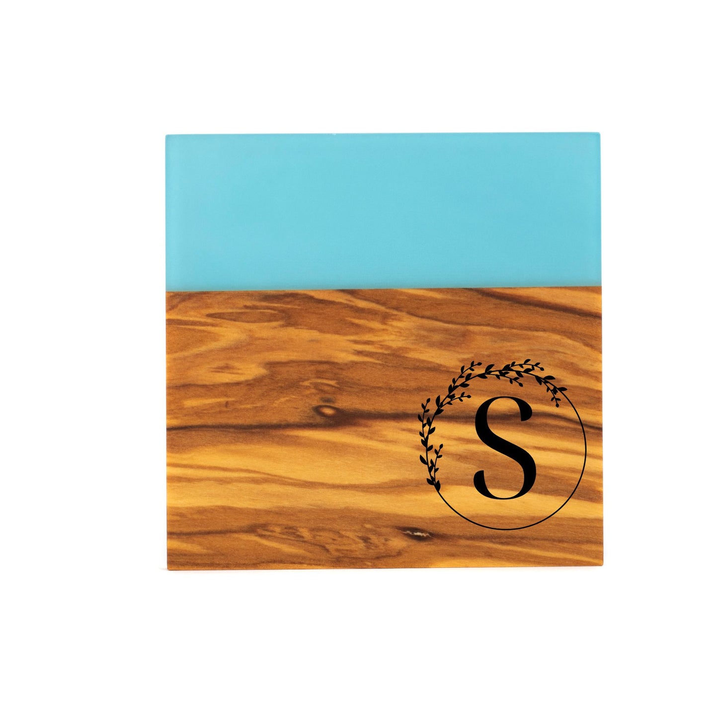 Personalized Resin River Coasters – Olive Wood and Epoxy Coaster Set -Blue