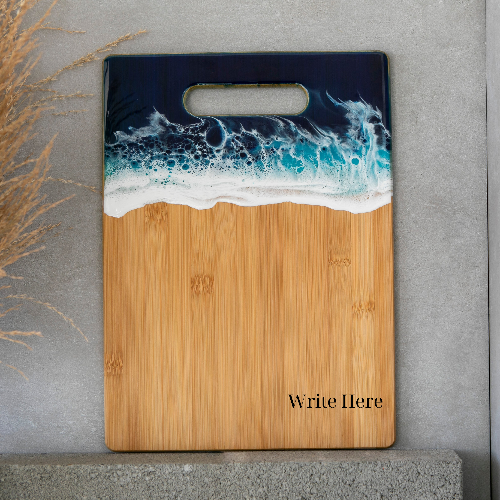 Personalized Bamboo Cutting Board with Resin Ocean Wave Art, Cheese & Charcuterie Board