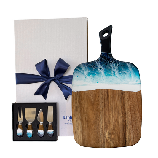 Ocean Resin Cutting Board Gift Set with Cheese Knife Set -Acacia