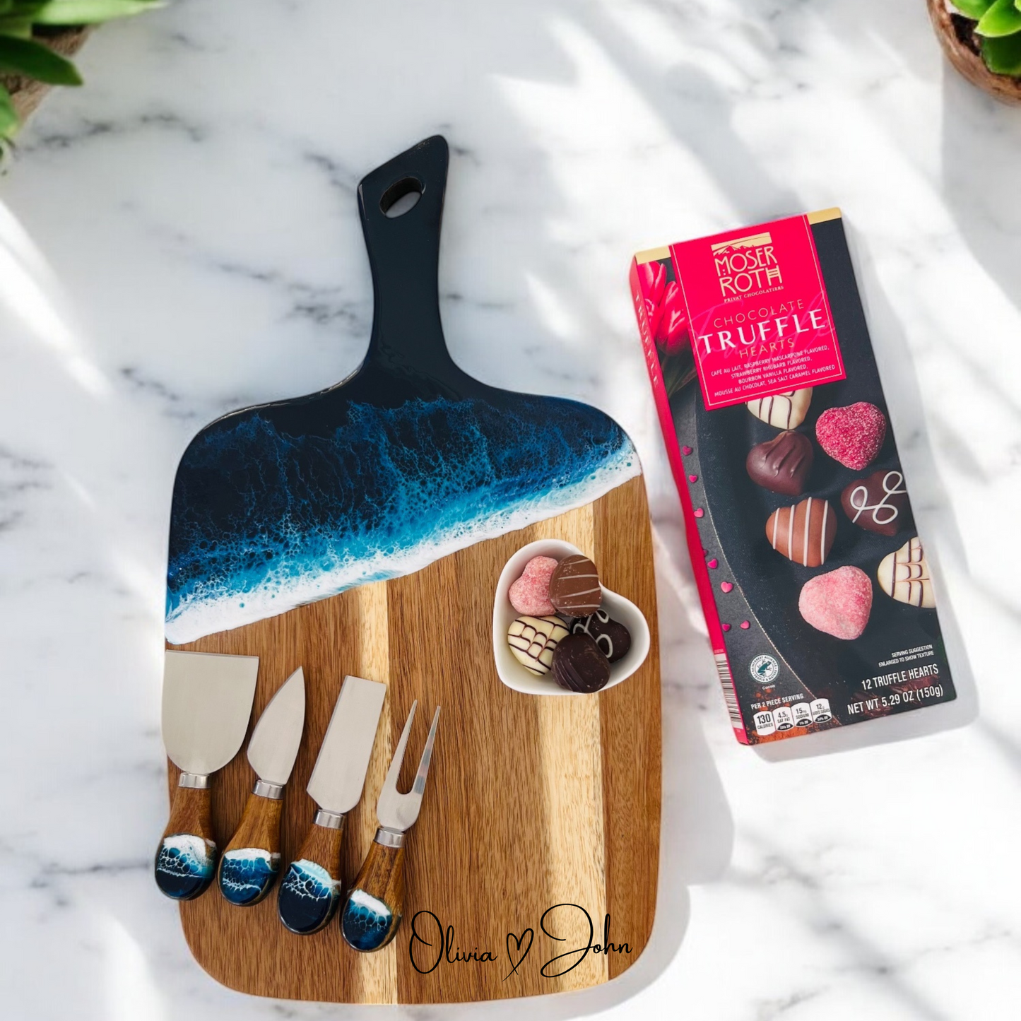 Ocean Wave Resin Cheese Board Set – Valentine's Day Gift with Heart-Shaped Bowl, Knife Set & Free Treat