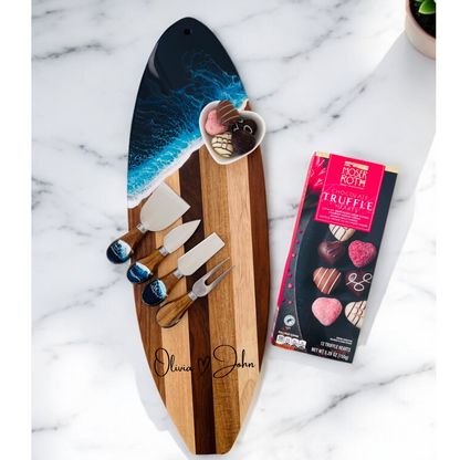 Ocean Wave Resin Cheese Board Set – Valentine's Day Gift with Heart-Shaped Bowl, Knife Set & Free Treat