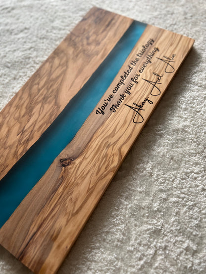 Personalized Resin River Charcuterie Board – Olive Wood and Black Epoxy