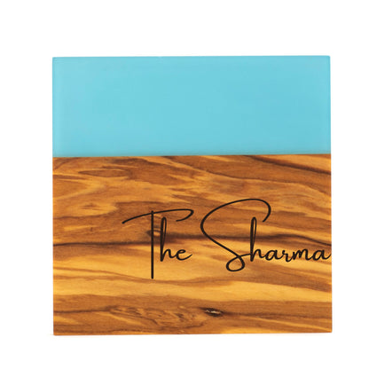 Personalized Resin River Coasters – Olive Wood and Epoxy Coaster Set -Blue