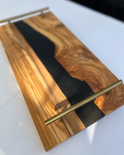 Personalized Resin River Charcuterie Tray – Olive Wood and Black Epoxy