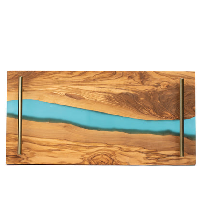 Personalized Resin Charcuterie Tray – Olive Wood and Blue Epoxy