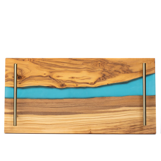 Personalized River Resin Charcuterie Tray – Olive Wood and Blue Epoxy