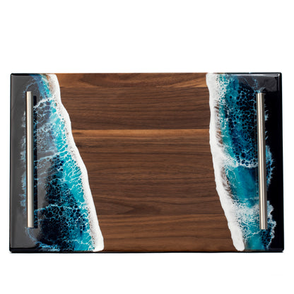 Ocean Resin Tray and Matching Walnut Cheese Knives Gift Set Personalized