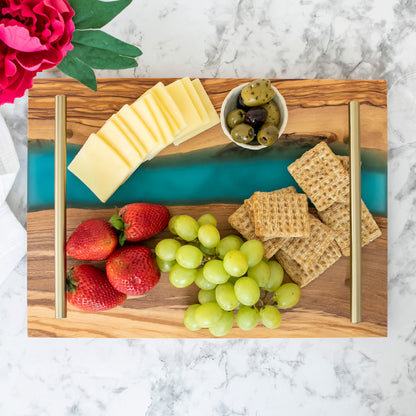 Resin River Olive Wood Tray with Matching Resin Coaster Set / Olive Blue Gift Set