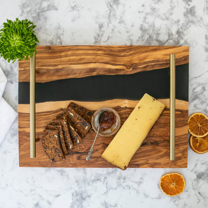 Personalized Resin River Charcuterie Tray – Olive Wood and Black Epoxy