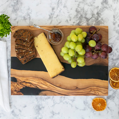 Personalized Resin River Charcuterie Board – Olive Wood and Black Epoxy