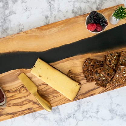 Personalized Resin River Charcuterie Board – Olive Wood and Black Epoxy