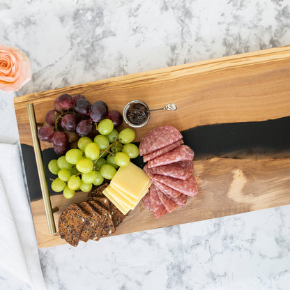 Personalized Resin River Charcuterie Tray – Olive Wood and Black Epoxy