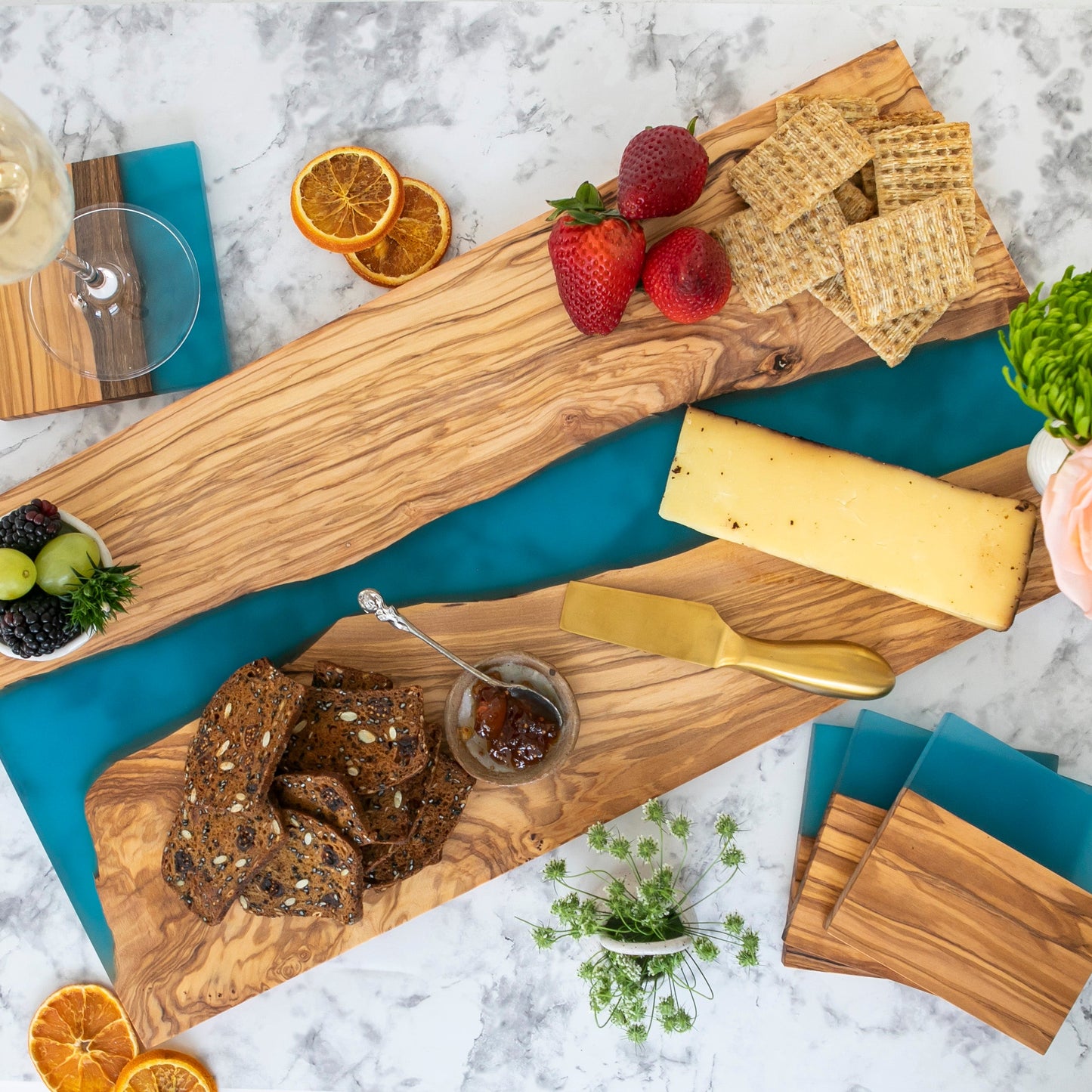 Olive Wood River Board Gift Set with Resin, Charcuterie Board, Resin Cheese Board, Personalized Charcuterie Board, Engraved Cheese Board
