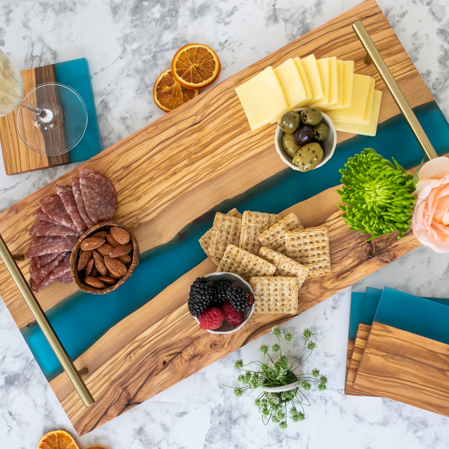 Resin River Olive Wood Tray with Matching Resin Coaster Set / Olive Blue Gift Set