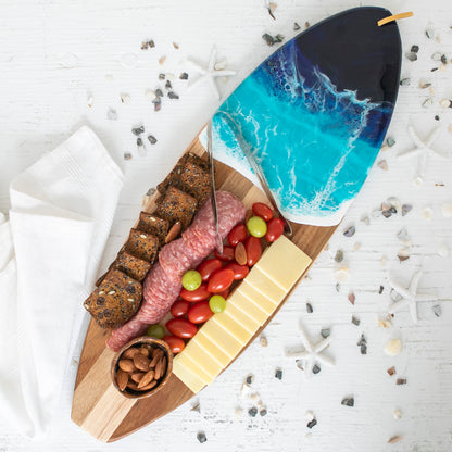 Personalized Surfboard Cheese and Cutting Board with Resin Ocean Wave