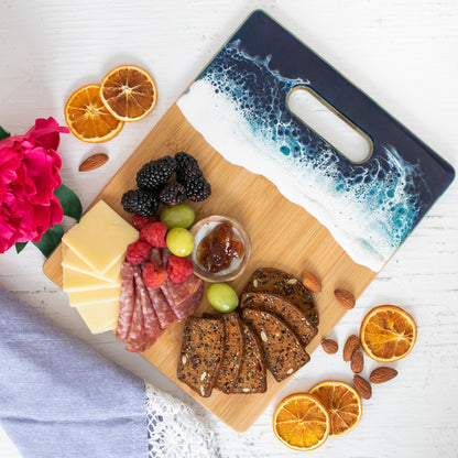 Personalized Bamboo Cutting Board with Resin Ocean Wave Art, Cheese & Charcuterie Board