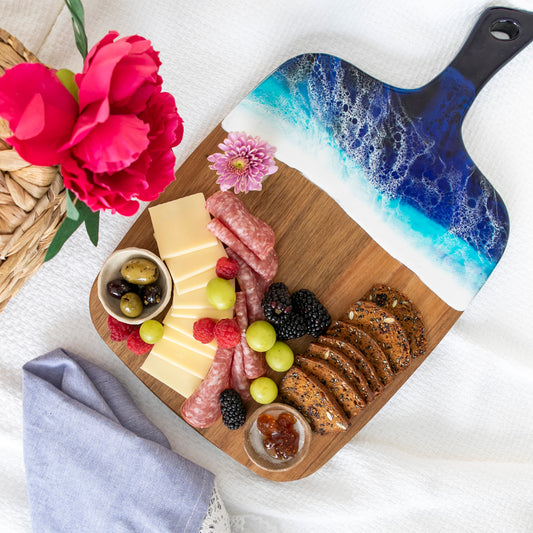 Ocean Resin Acacia Cheese Board Gift Set with Pronged Cheese Knife